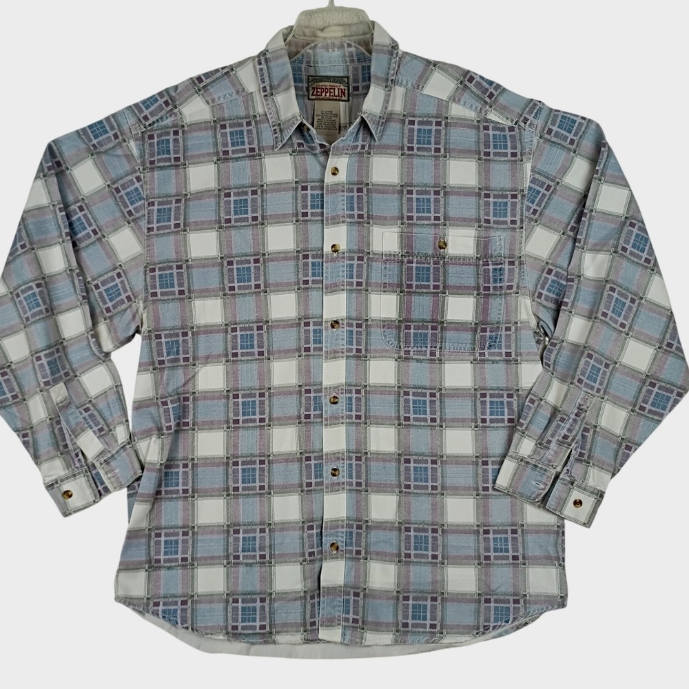 Zeppelin Plaid Button Down Shirt Mens XL Blue Vintage Long Sleeve Woven Pocket